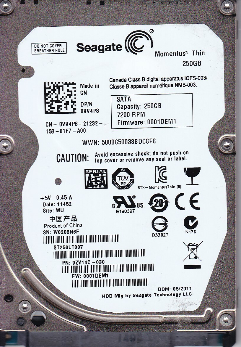Seagate ST250LT007 pn: 9ZV14C-030 sn: W02 fw: 0001DEM1 WU 250GB SATA 2.5 4824