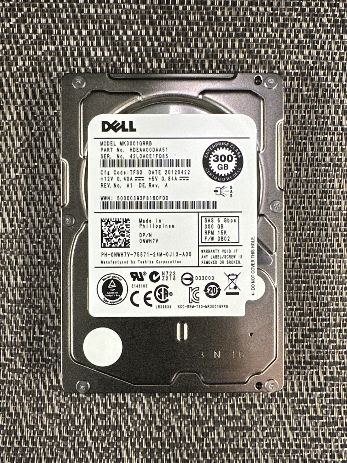 Dell 300GB Hard Drive 2.5" P/N: 0NWH7V MK3001GRRB SAS 6Gbps RPM 15k