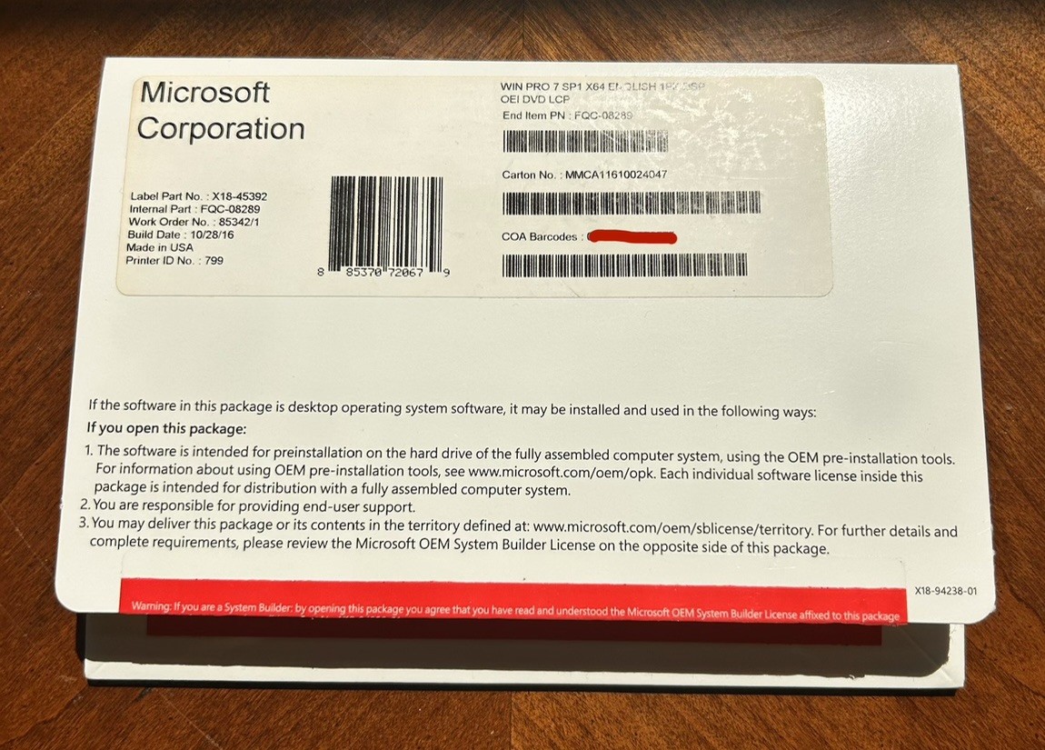 Microsoft Windows 7 Professional SP1 64-Bit OEM DVD FQC-08289 Used Sealed Disc