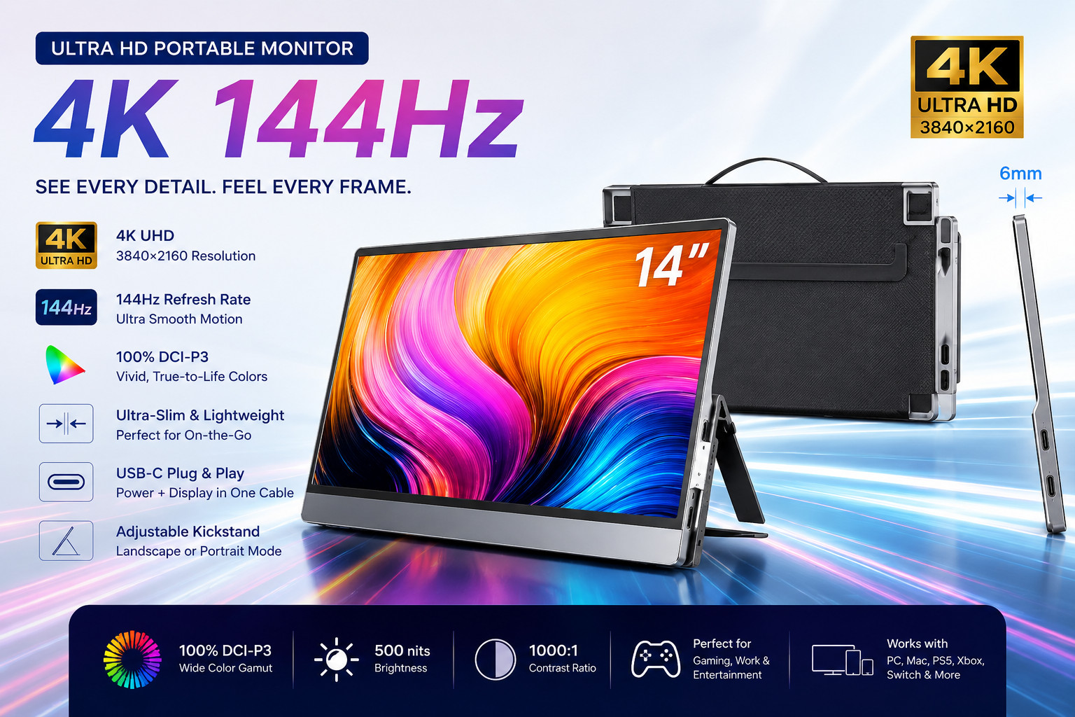 Kwumsy  14''  F1  Portable Monitors for Laptop | 4k HD light carry on Screen