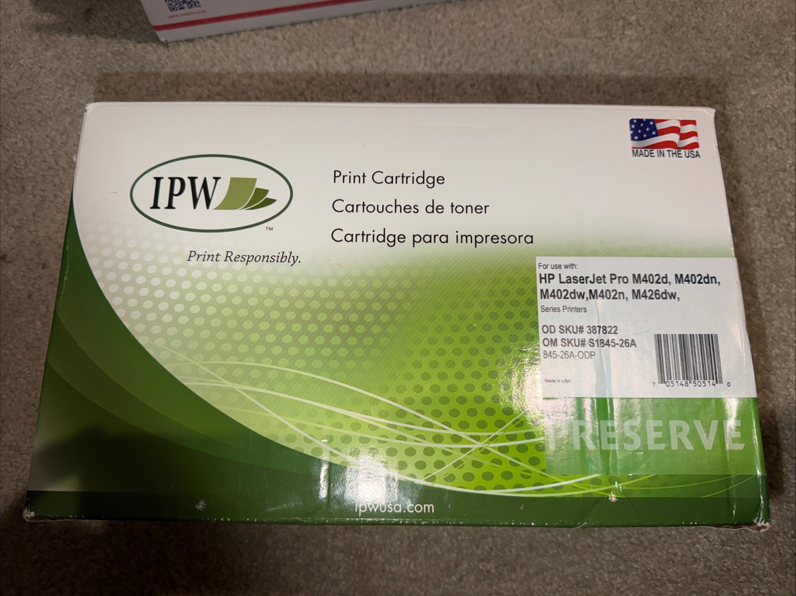 IPW Preserve 845-26A-ODP High-Yield Black Toner  for HP LJ PRO M402d Brand New