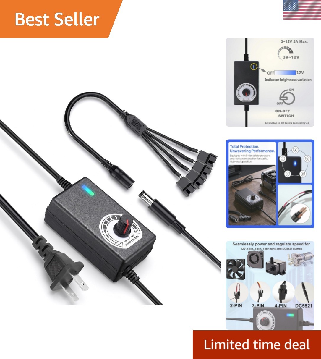 12V PC Fan Speed Controller, AC Plug with 4X 4-Pin Splitter Cable