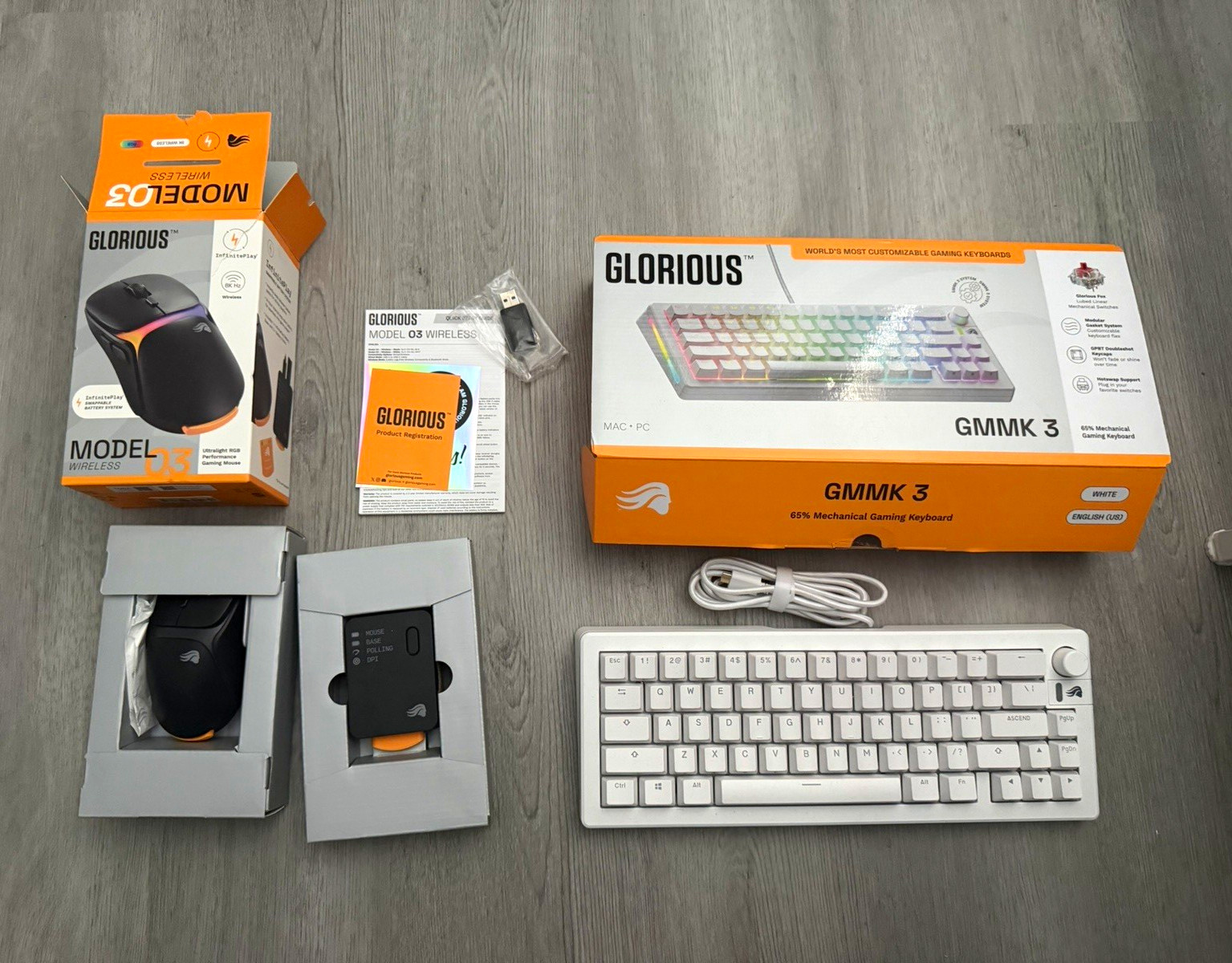Glorious GMMK 3 White Illuminated Wired USB Keyboard + Model O3 Wireless Mouse
