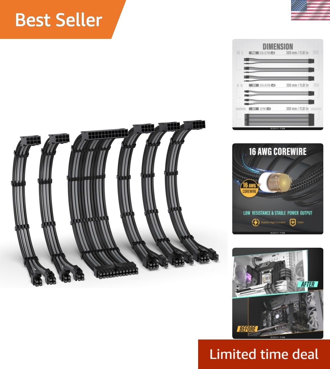 16AWG PSU Extension Kit, 300MM, 24-Pin/2xEPS/3xPCIe, Black Grey