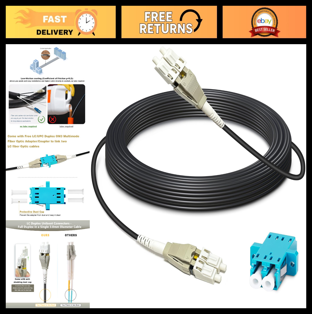100ft Outdoor Armored Fiber Optic Cable LC to LC, 40GB/10GB Multimode Jumper, LS