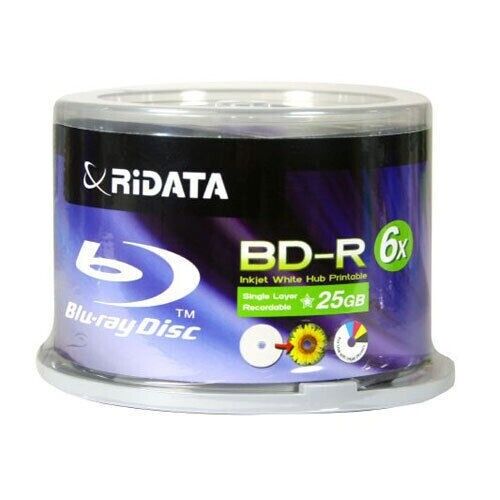 50 RIDATA BluRay 6X Blank BD-R 25GB White Inkjet Hub Printable Disc