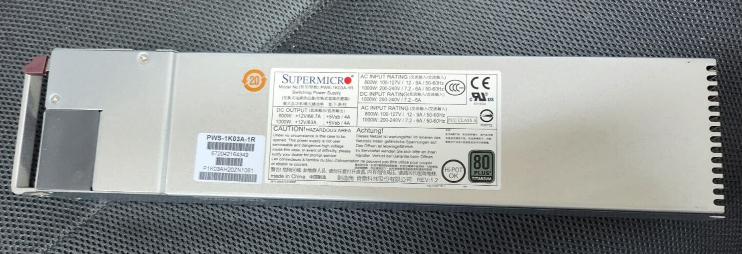 Supermicro PWS-1K03A-1R 1000W 1U Redundant Power Supply 80 Plus Titanium PSU