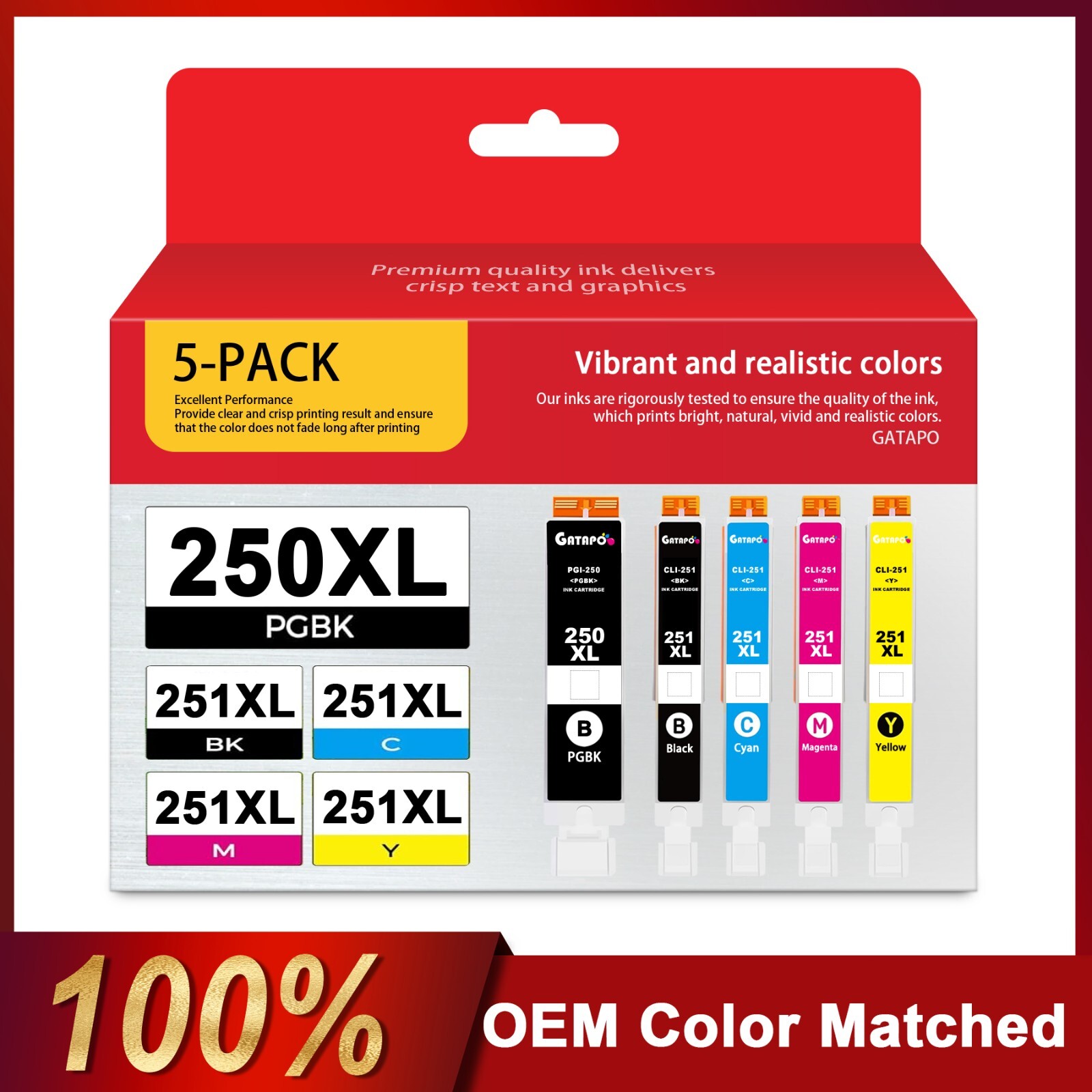 PGI-250XL CLI-251XL Ink Set (5-Pack) for Canon MG5622 MG6320 Printers