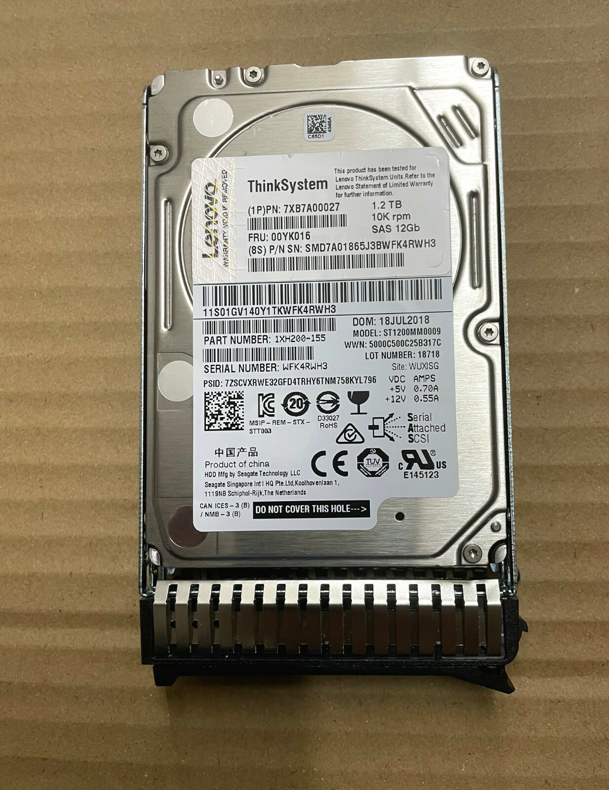 FOR Lenovo 00YK016 ThinkSystem 1.2TB 10K SAS 12G 512N 2.5in HDD 7XB7A00027