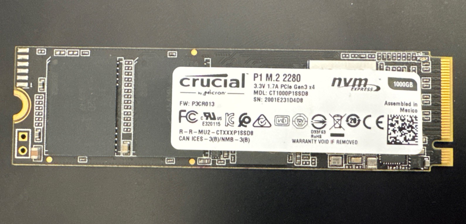 Crucial P1 M.2 2280 (CT1000P1SSD8) 1000GB (1TB) NVMe M.2 SSD - 99% Health