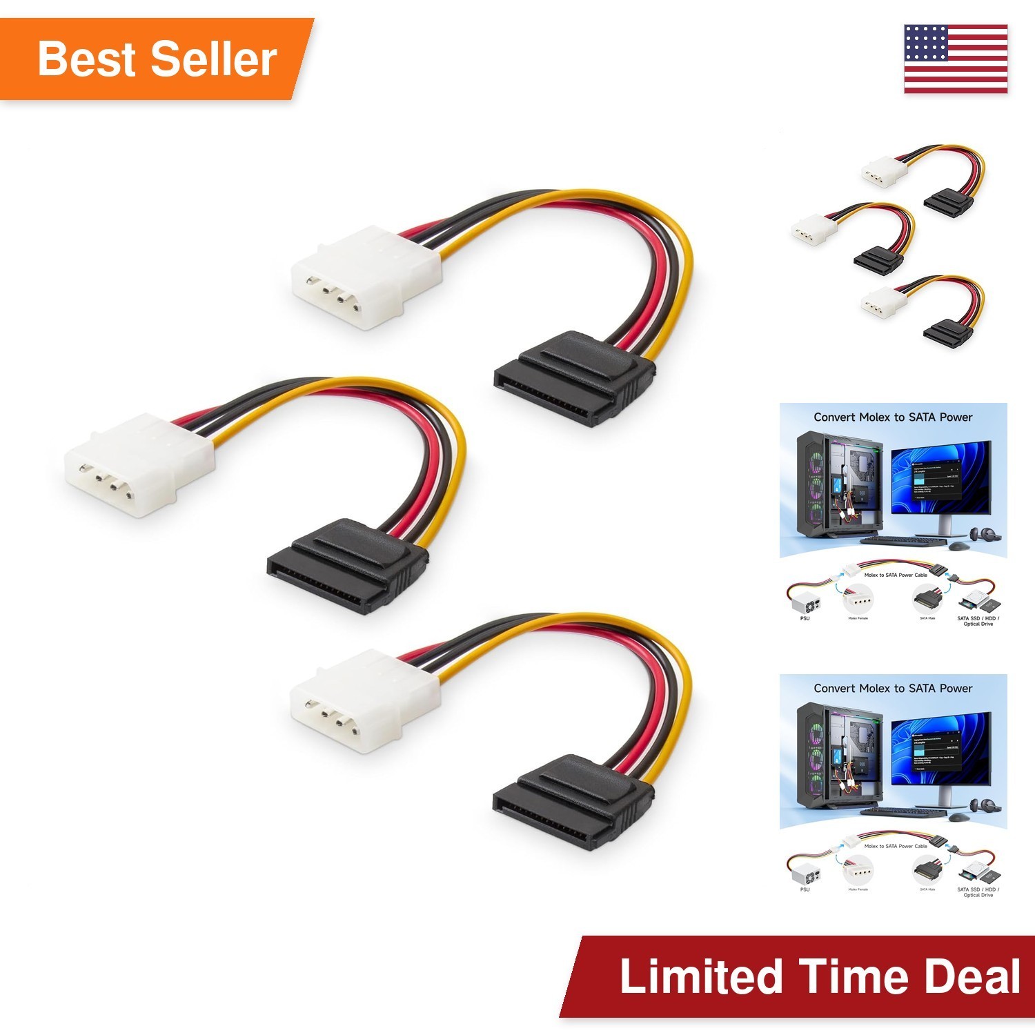 Cable Matters 3-Pack 4-Pin Molex to SATA Power Cable Adapter 6 Inch for HDD SSD