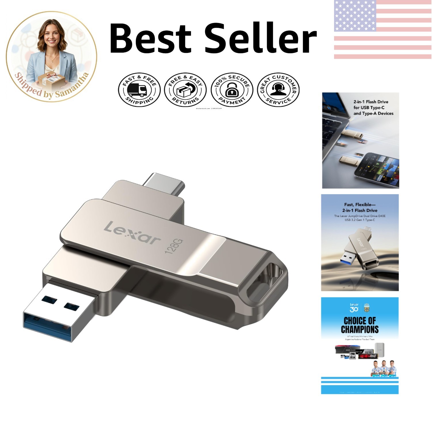 128GB USB 3.2 Dual Connector Flash Drive - Champagne Silver, Fast Transfer