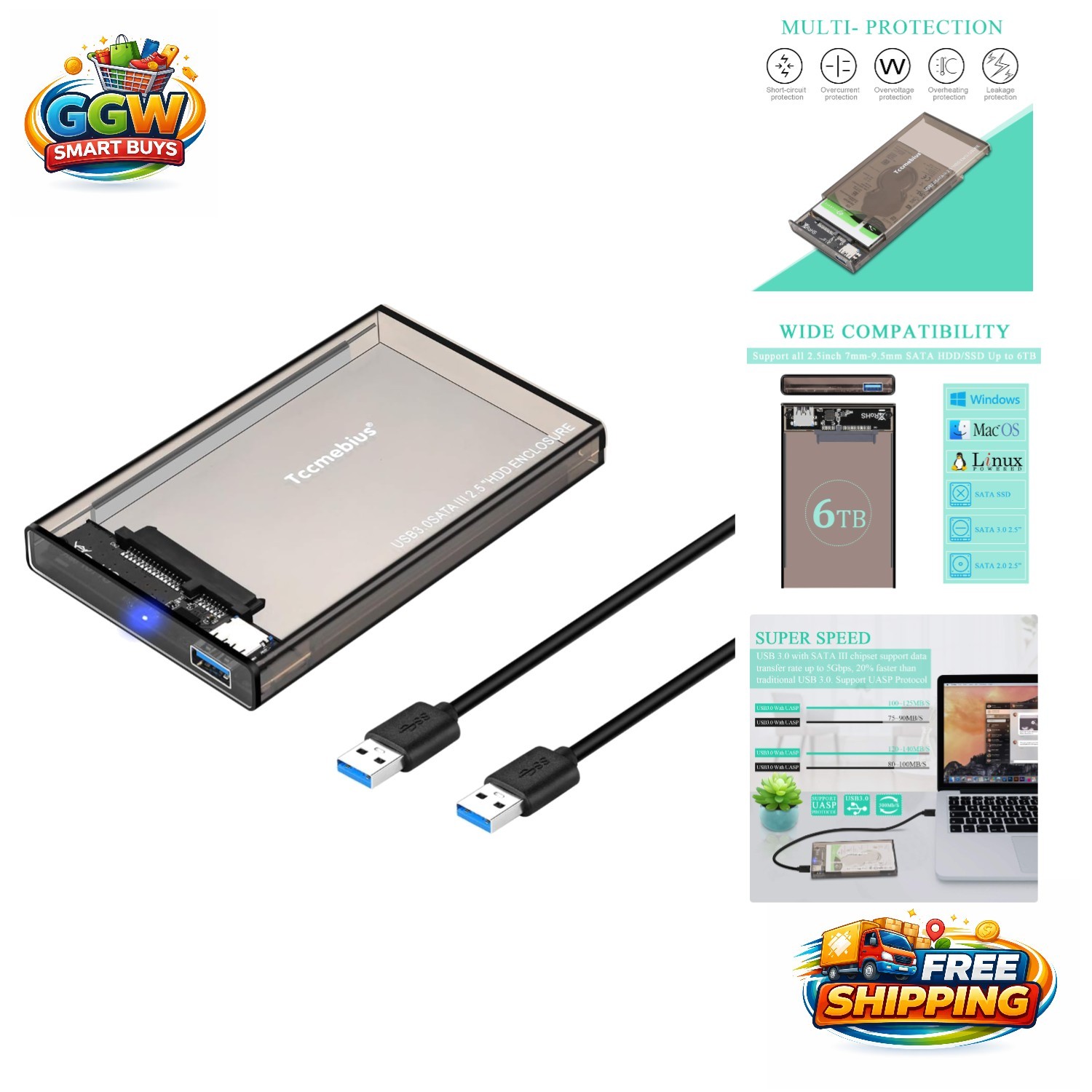 Sleek 2.5'' SATA HDD Enclosure - Plug & Play, 6TB Support, Lightweight Design