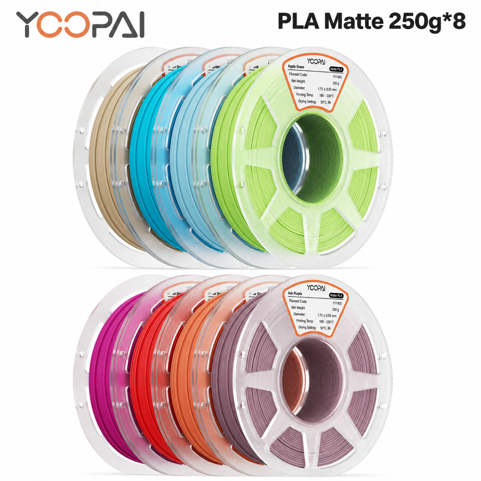 YOOPAI PLA Matte 8x250g Filament Bundle with Spool for Bambu Lab 3D Printer 1.75
