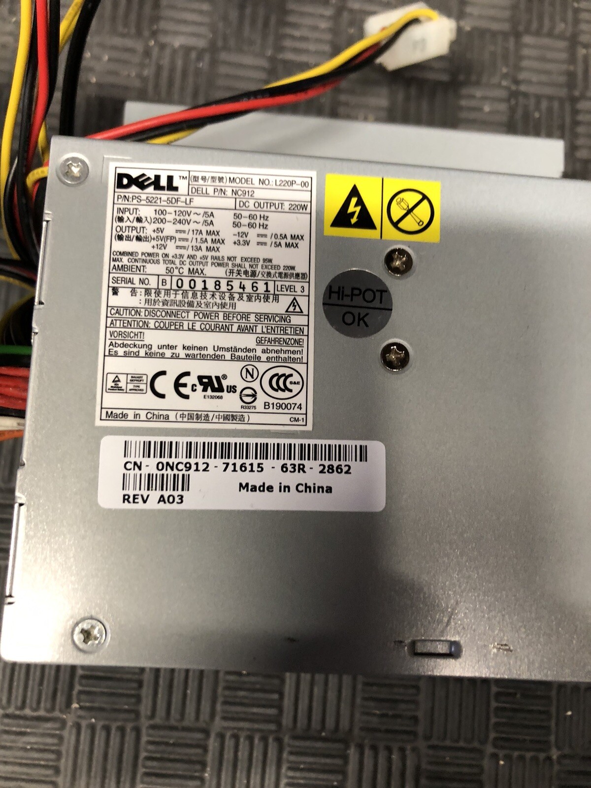 Dell NC912 L220P-00 PS-5221-5DF-LF Power Supply 24-Pin 60Hz 5A 220W 0NC912