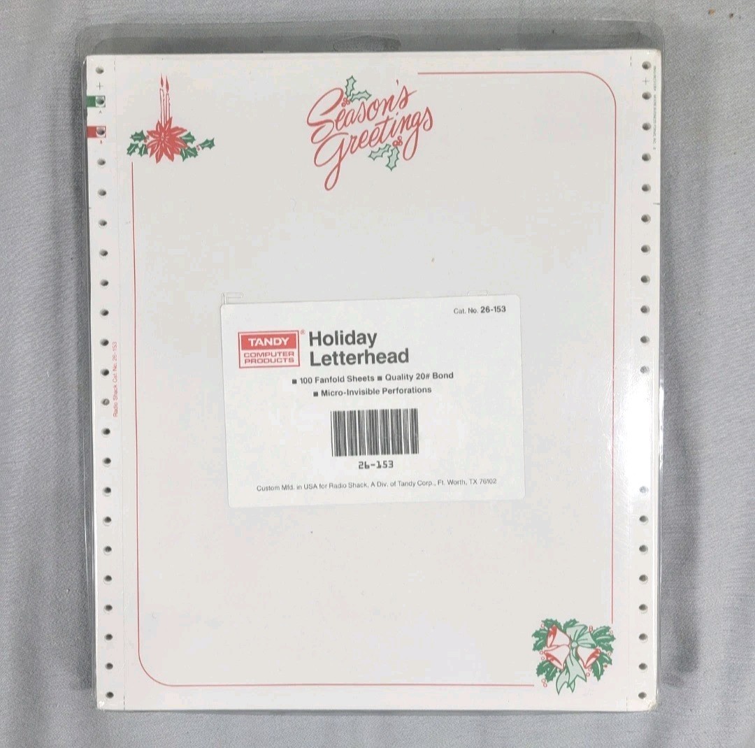 Vtg Tandy Dot Matrix Continuous Feed Printer Paper 100 sheets Holiday Letterhead