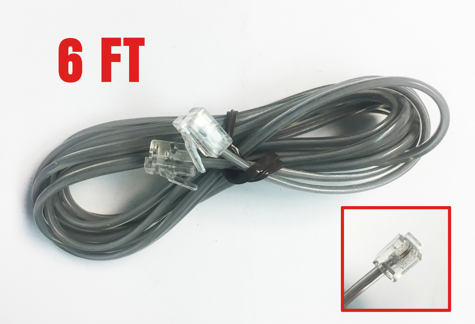 NEW 6P2C 6' Foot 72" inch 2 Pin RJ11 Phone Telco Data Cable Jumper Cord Plug Gra