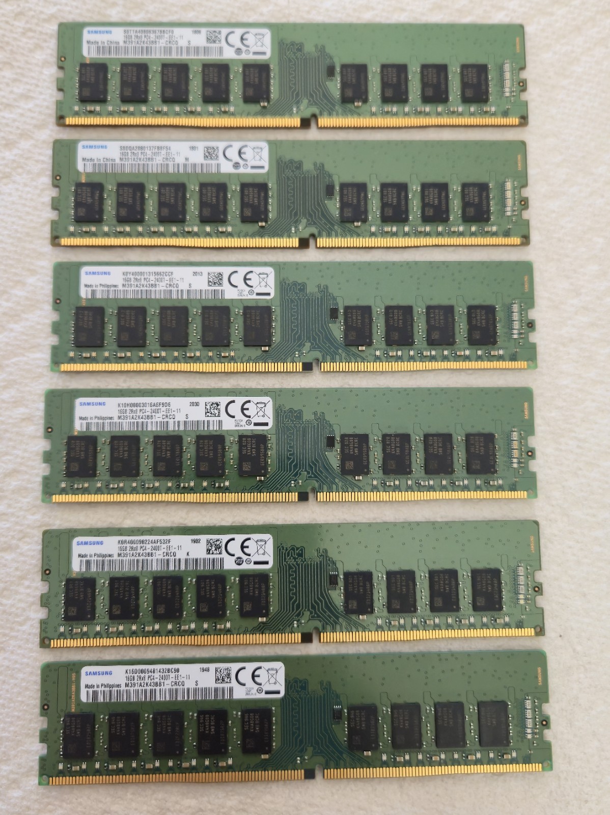 Lot of 6 Samsung 16GB 2Rx8 PC4-2400T EUDIMMS. Not Tested. May have minor nicks.