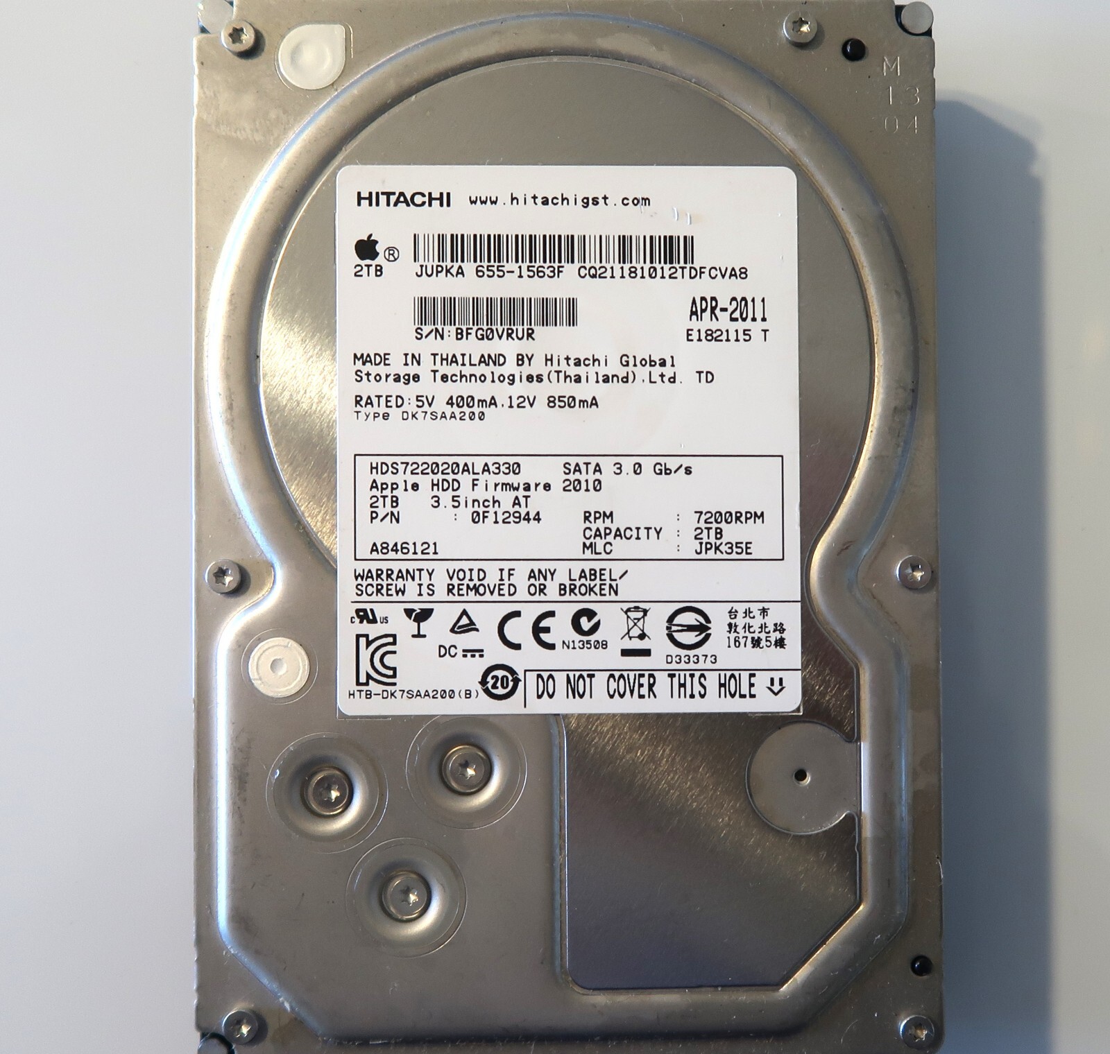 Hitachi HDS722020ALA330 0F12944 JPK35E Thailand 655-1563F 3.5" 2TB Sata 2011