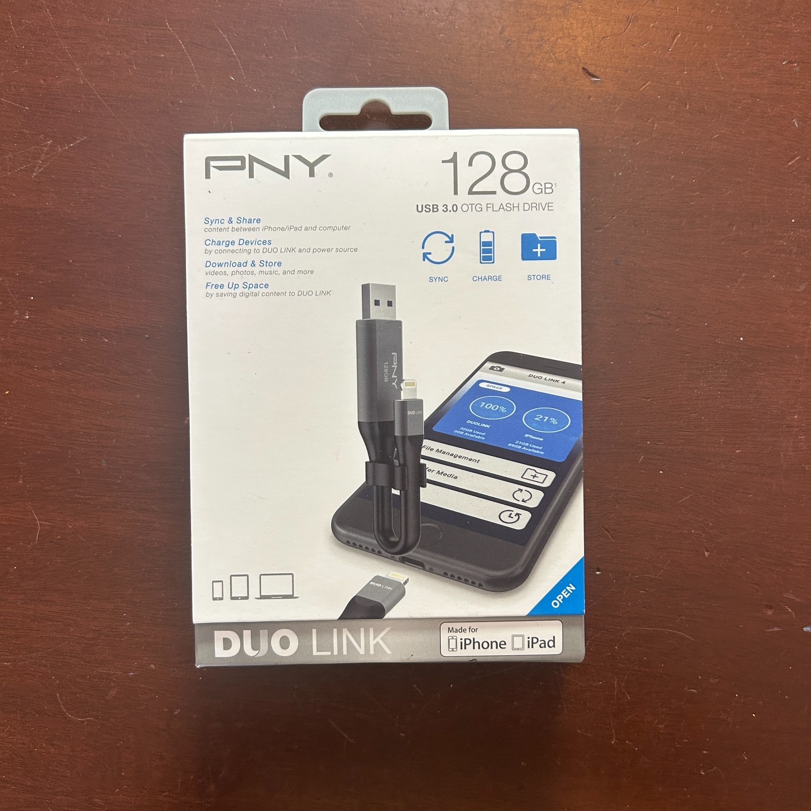 PNY Duo Link 128GB USB 3.0 OTG Flash Drive For iPhone iPad Sync Storage Sealed