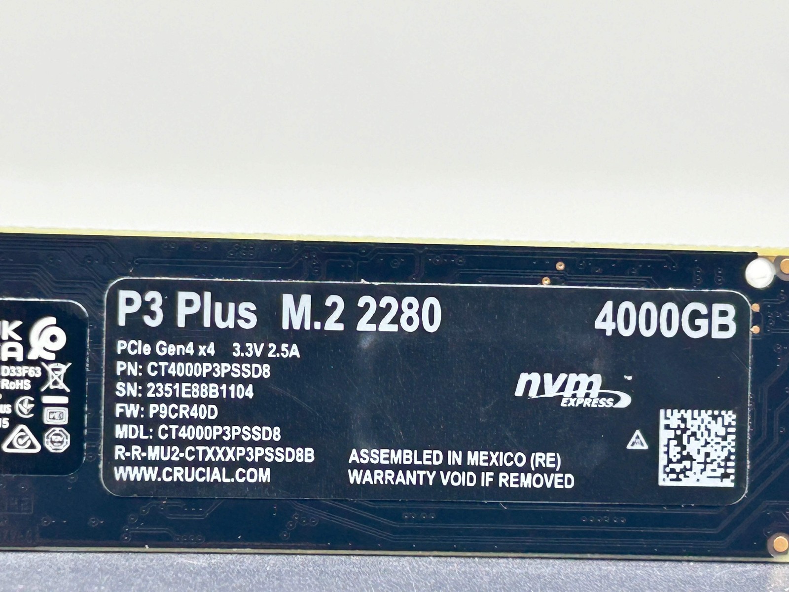 Crucial P3 Plus (CT4000P3PSSD8) 4000GB (4TB) NVMe M.2 2280 SSD - 69% Health