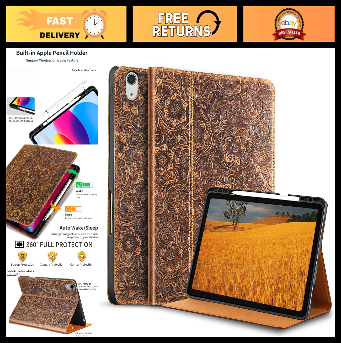 Premium Leather Case for iPad 11" & 10.9" - Slim Folio Cover, Auto Sleep/Wake