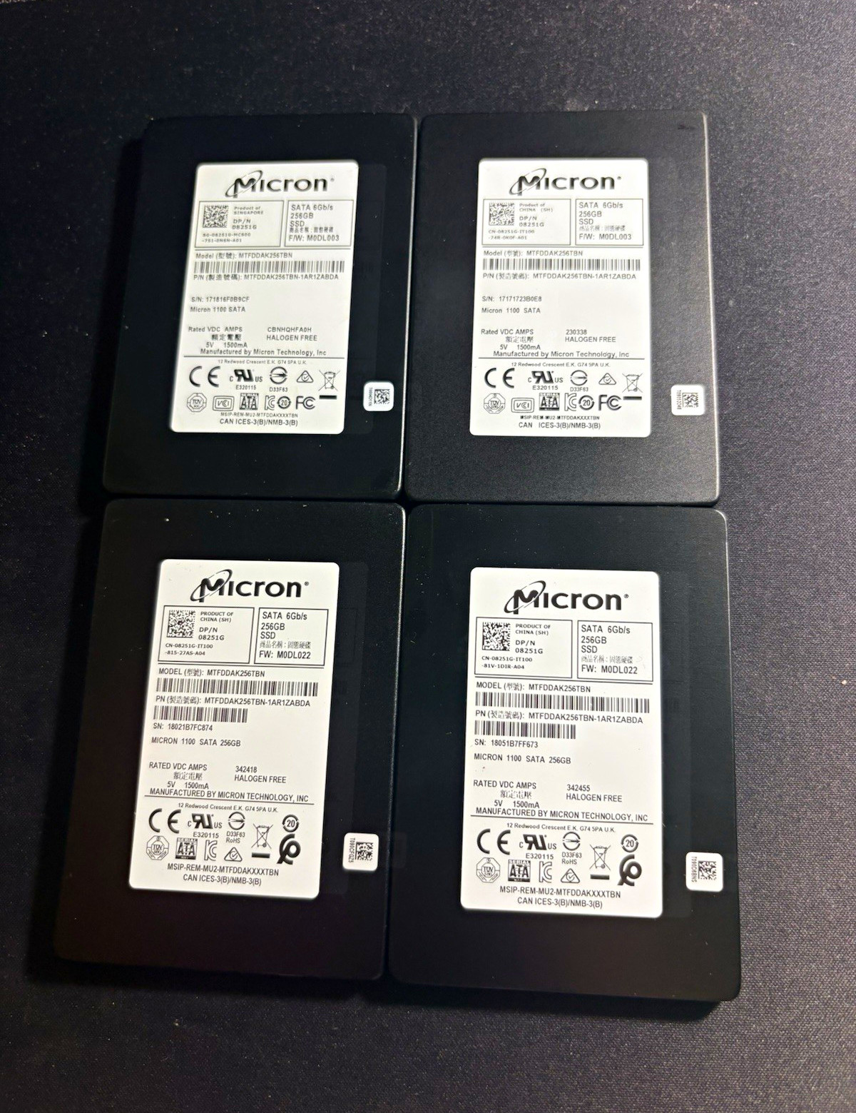 Lot of 4 Micron 1100 256GB SATA III 2.5" Internal SSD MTFDDAK256TBN