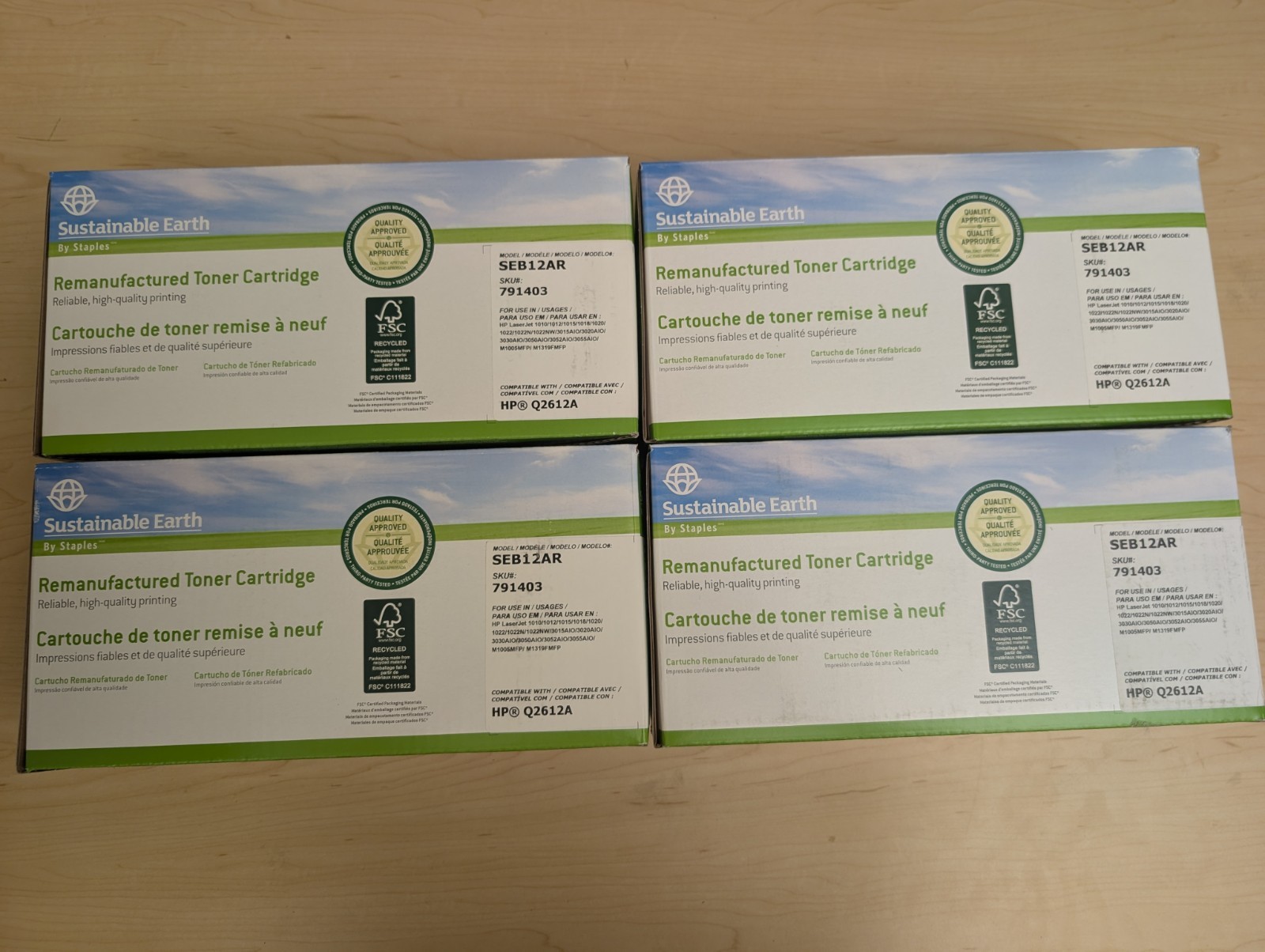 4-Pack Staples Sustainable Earth SEB12AR Toner for HP 12A Q2612A Black