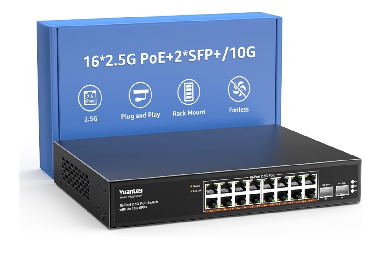 YuanLey 18 Port 2.5G Network Ethernet Switch, 16 x 2.5Gb RJ45 Ports 2 x 10G SFP+