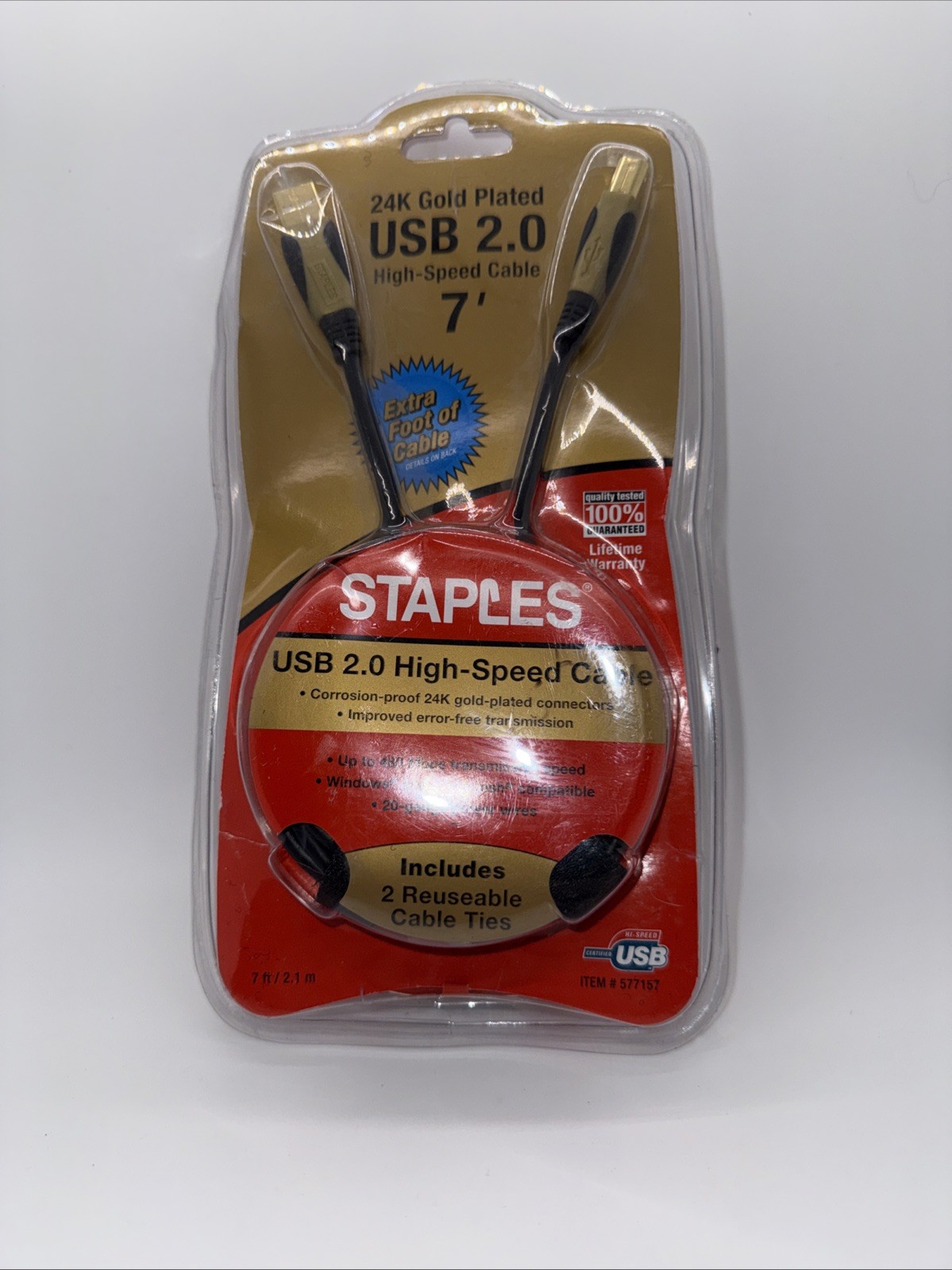 Staples 24K Gold Plated USB 2.0 high-Speed Cable 7ft Lifetime Warranty A8