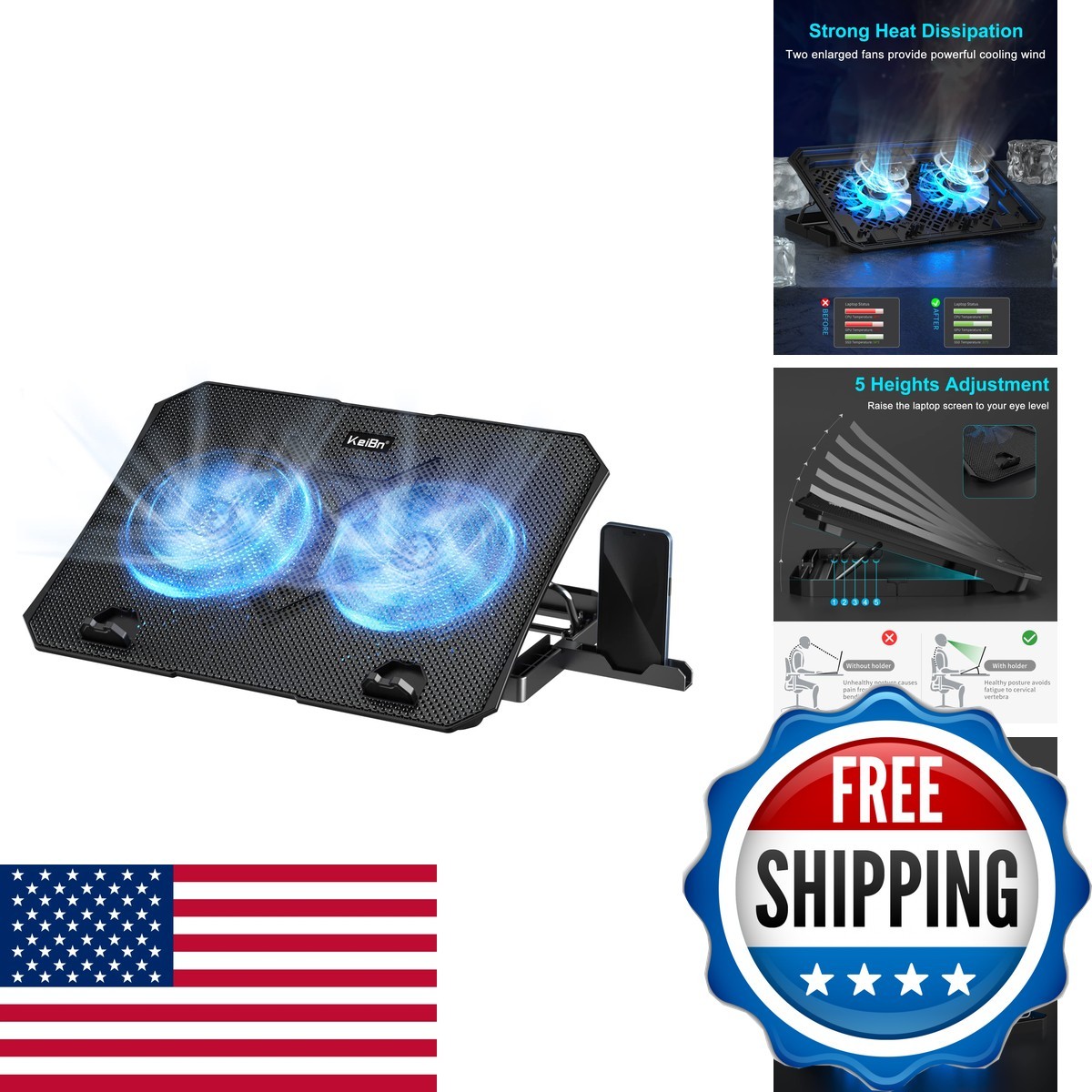 KeiBn Cooling Pad 2 Fans 10-15.6" Laptops 5 Height Stands 2 USB Ports S039