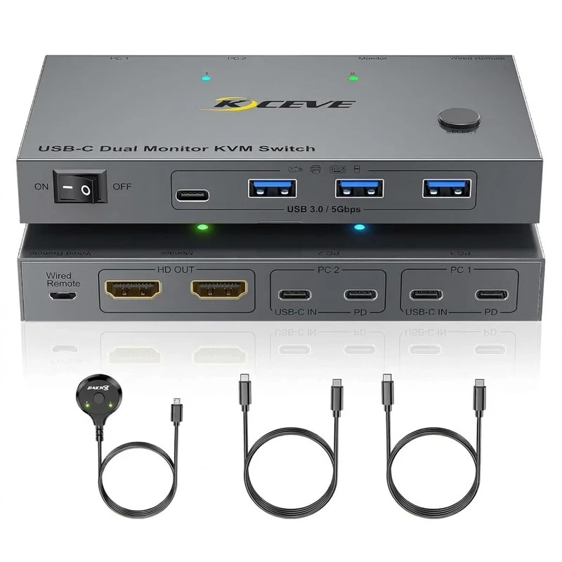 KVM Switch Dual Monitor 2 Laptops USB-C HDMI 4K 60Hz with 4 USB 3.0 Ports
