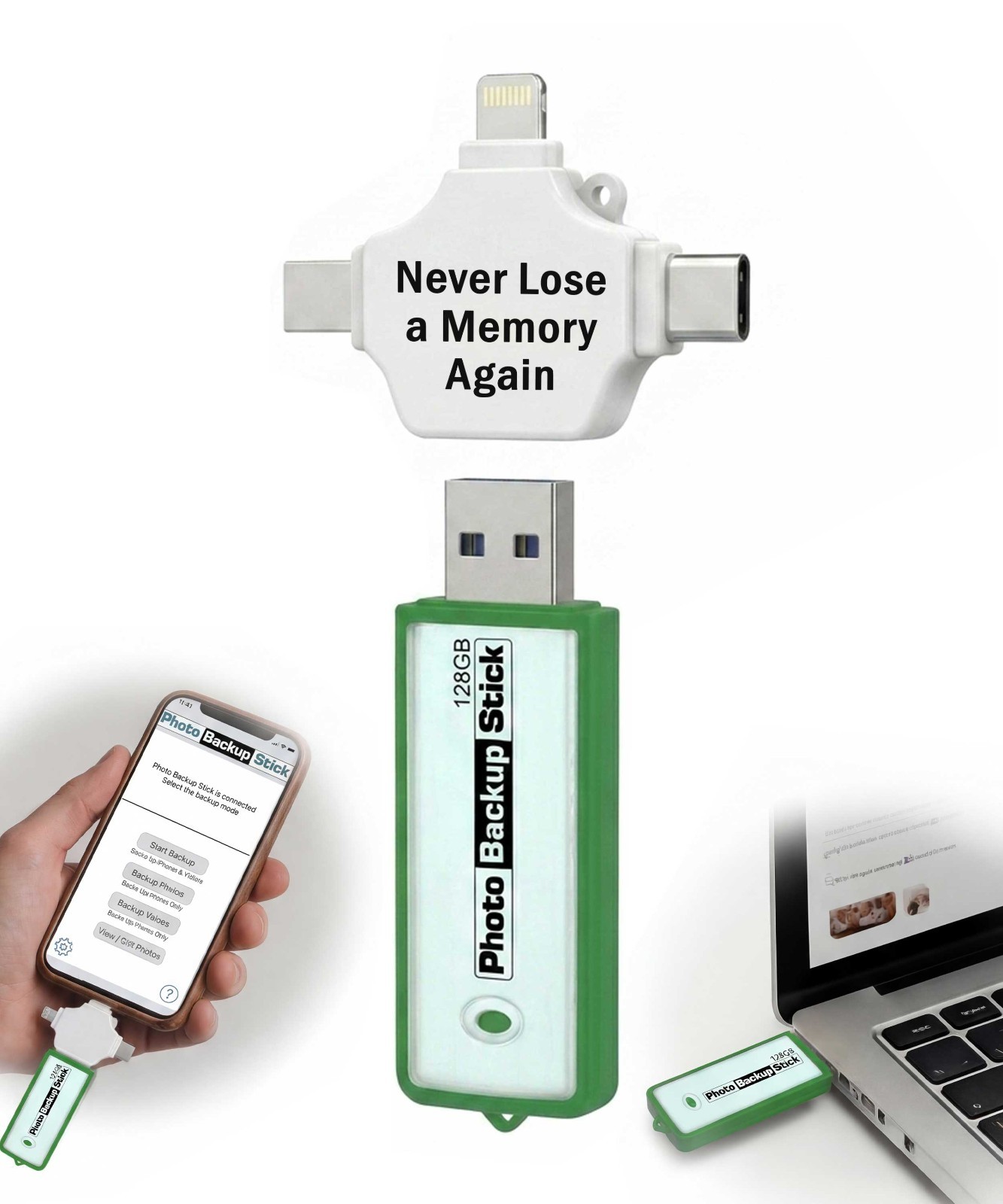 Photo Backup Stick Universal 128GB | Photo Stick for iPhone, Android & Computers