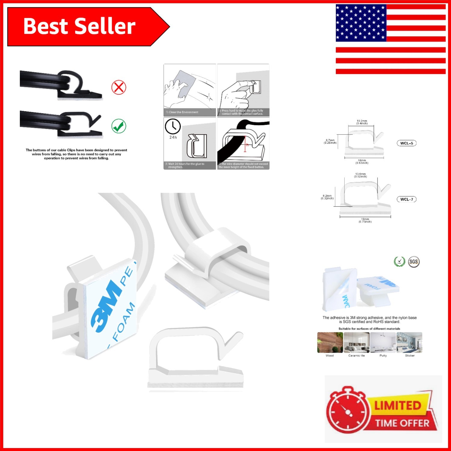 Versatile White Adhesive Cable Clips 3/4” - 120PCS for Neat Cable Management