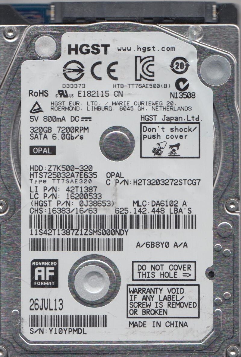 HTS725032A7E635 0J38653 HGST 320GB 7.2K RPM 6Gb/s 2.5" SATA LAPTOP HDD
