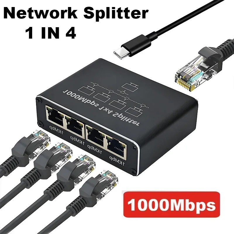 RJ45 Gigabit Ethernet Splitter 1000Mbps LAN Network Internet 1 to 4 Out Adapter
