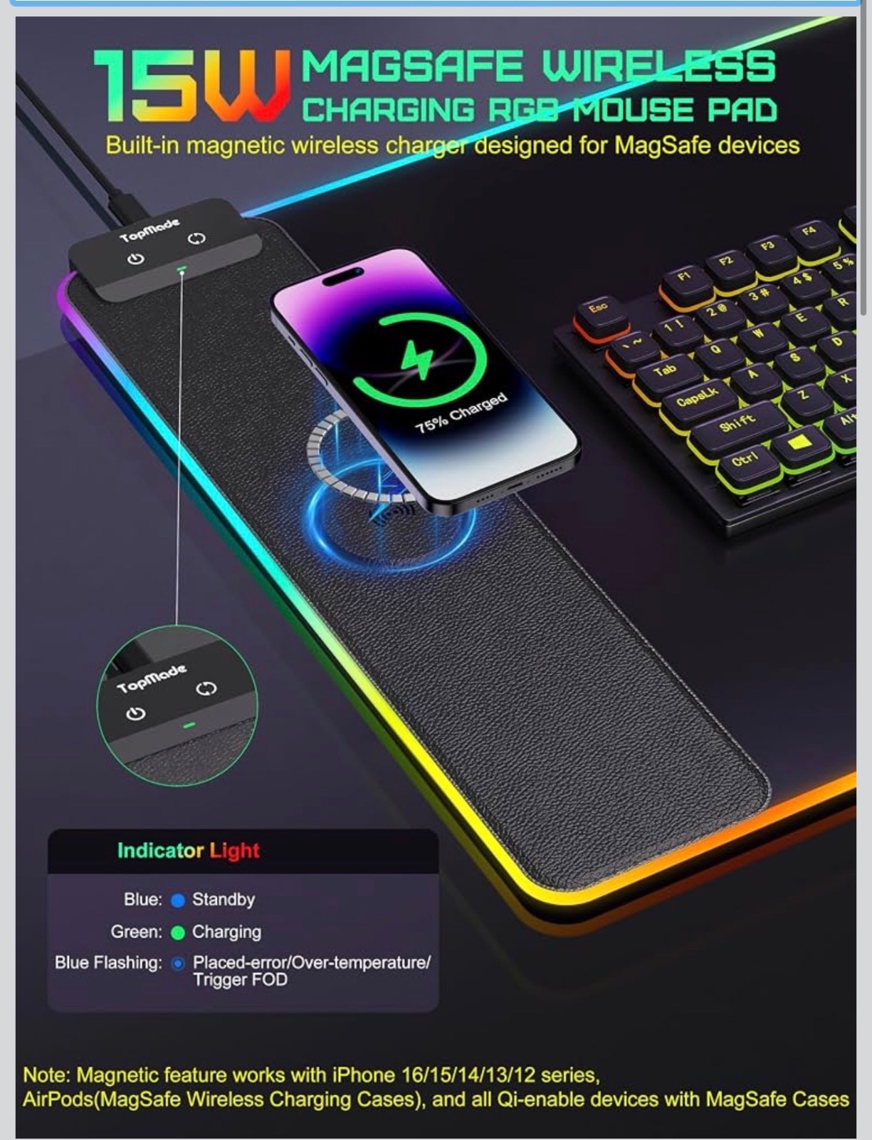TopMade Mouse Pad with Wireless Charging, 31.5" x 11.81" Large Desk Mat RGB NEW