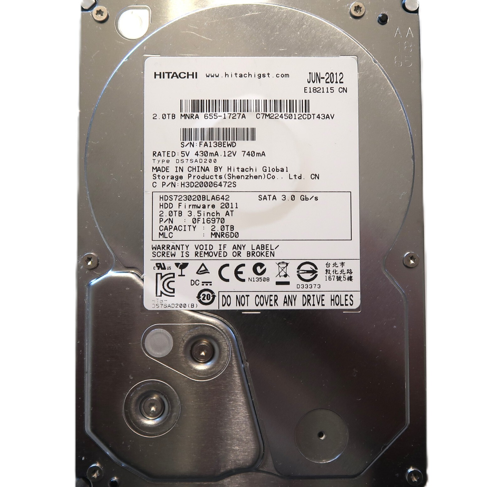 Hitachi HDS723020BLA642 0F16970 MNR6D0 China 3.5" 2TB Sata hard drive 2012