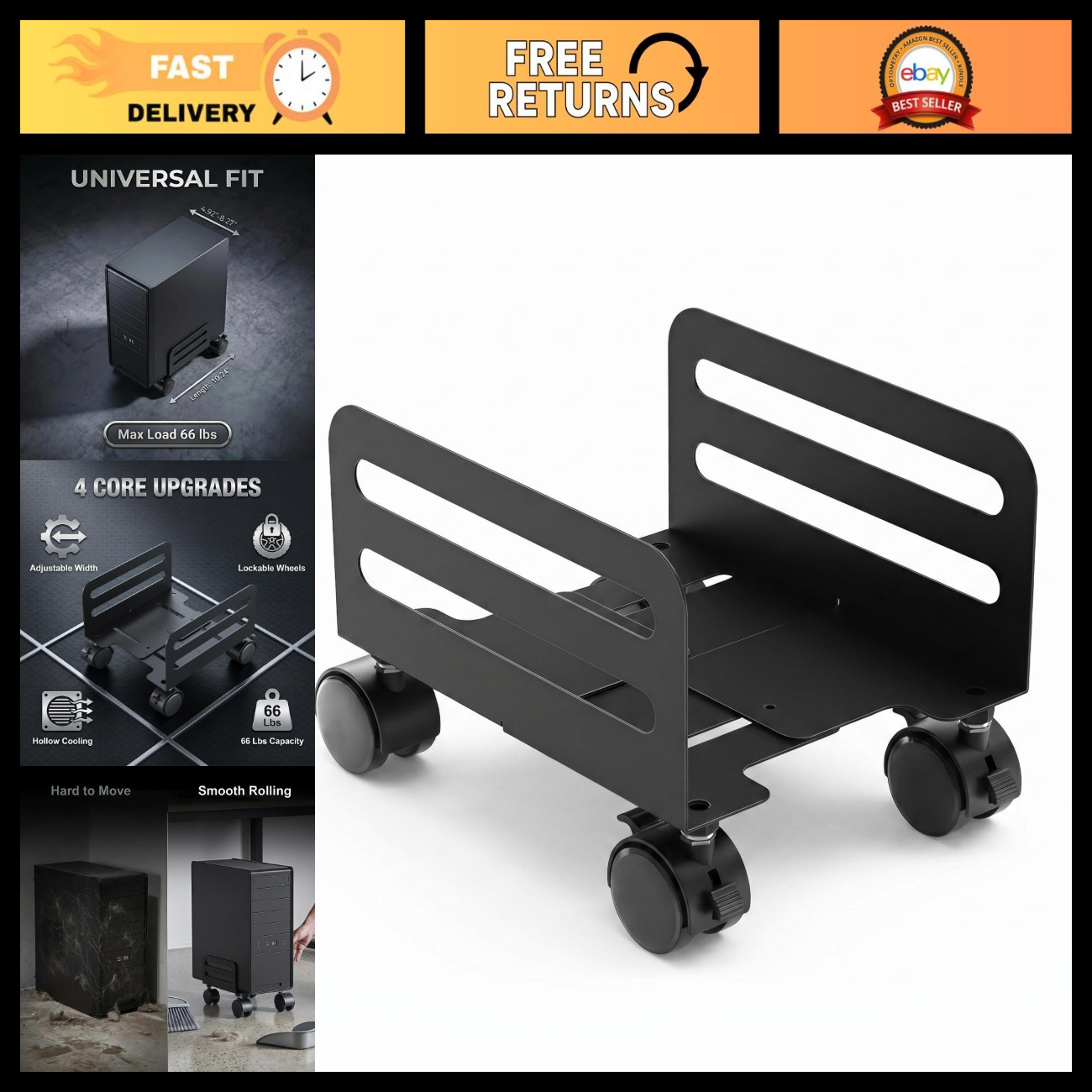 Adjustable Mobile CPU Tower Stand, 4.92-8.27" Width, Rolling Computer Cart