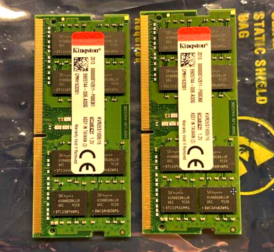 Two Genuine Kingston DDR4 16GB RAM (Total 32GB) KVR26S19D8/16 SODIMM TESTED