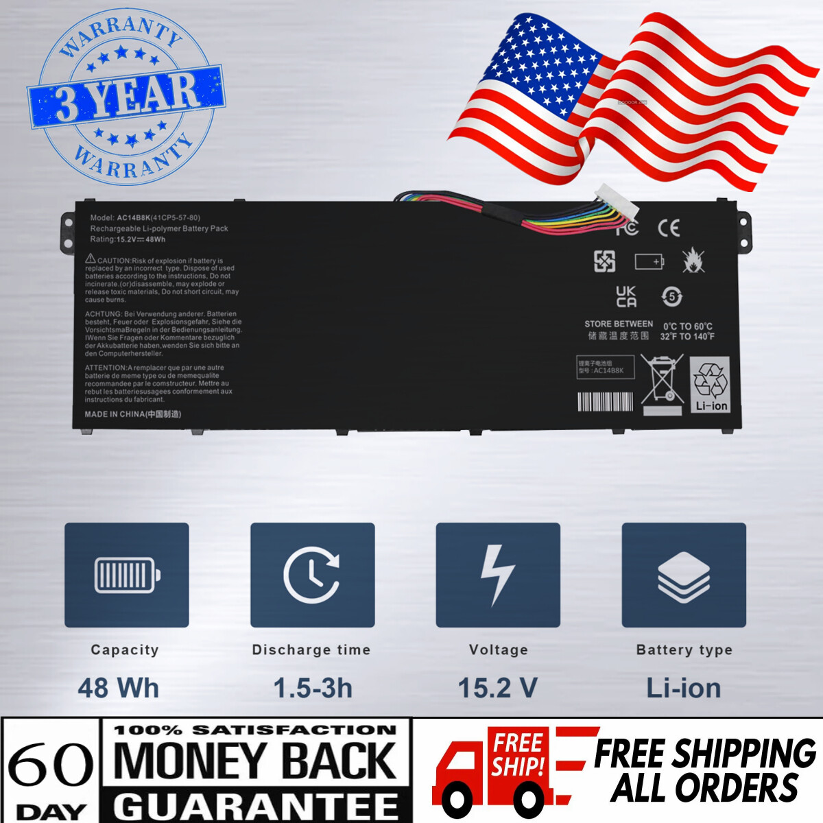 AC14B8K Battery for Acer Chromebook CB5-311 CB3-531 CB5-571 V3-371 4ICP5/57/80