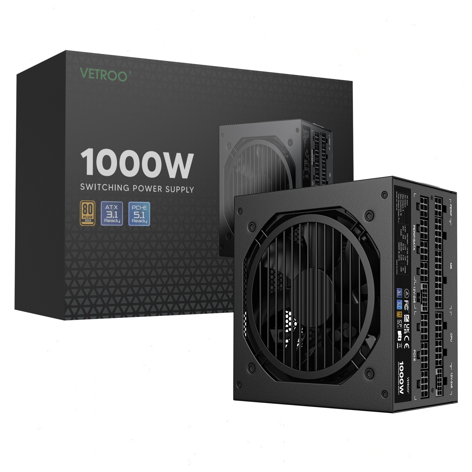 Vetroo 1000W Power Supply ATX 3.1 PCIE 5.1 Full Modular 80 Plus Gold PSU - Black