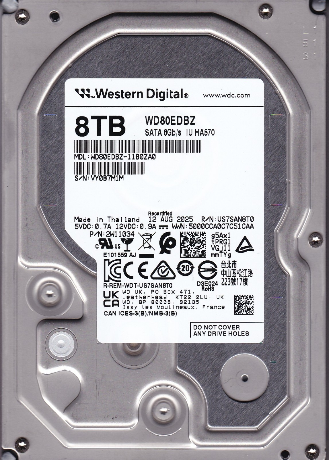 WD80EDBZ-11B0ZA0 s/n: VY0B R/N: US7SAN8T0 AUG/ 2025 8TB SATA 3.5 WESTERN DIGITAL