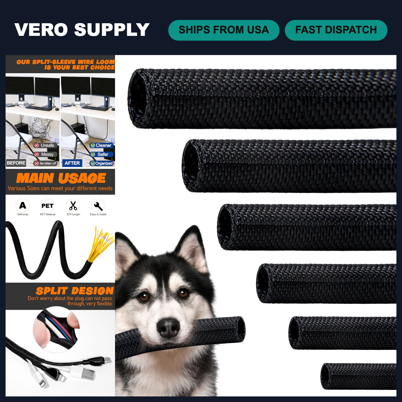 High-Temperature Cable Management Sleeve - 12ft Split Braided Wire Loom, Cat Pro