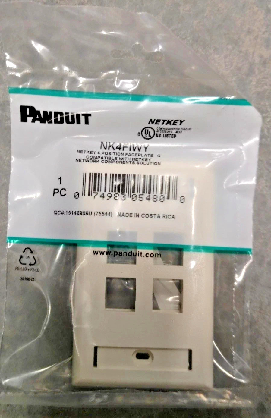 Panduit NK4FIWY NetKey 1-Gang 4-Port Faceplate ABS Off White
