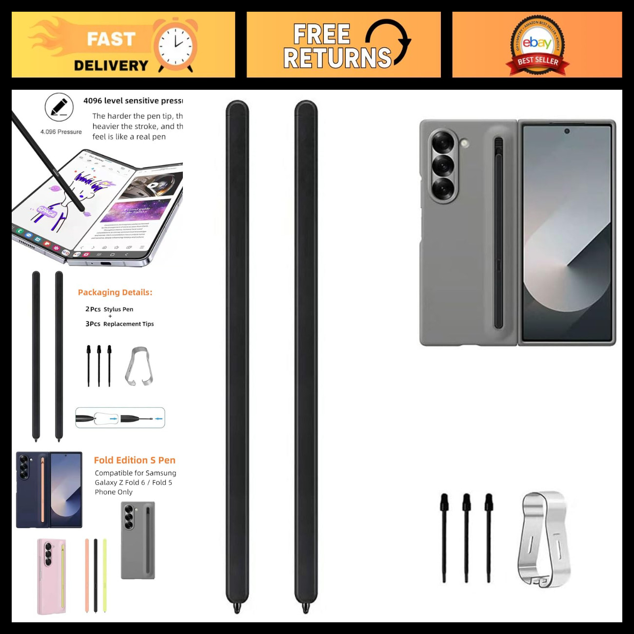 2 PCS S Pen for Galaxy Z Fold 6 & 5 - Slim 1.5mm Tip, 4096 Pressure Levels, Blac