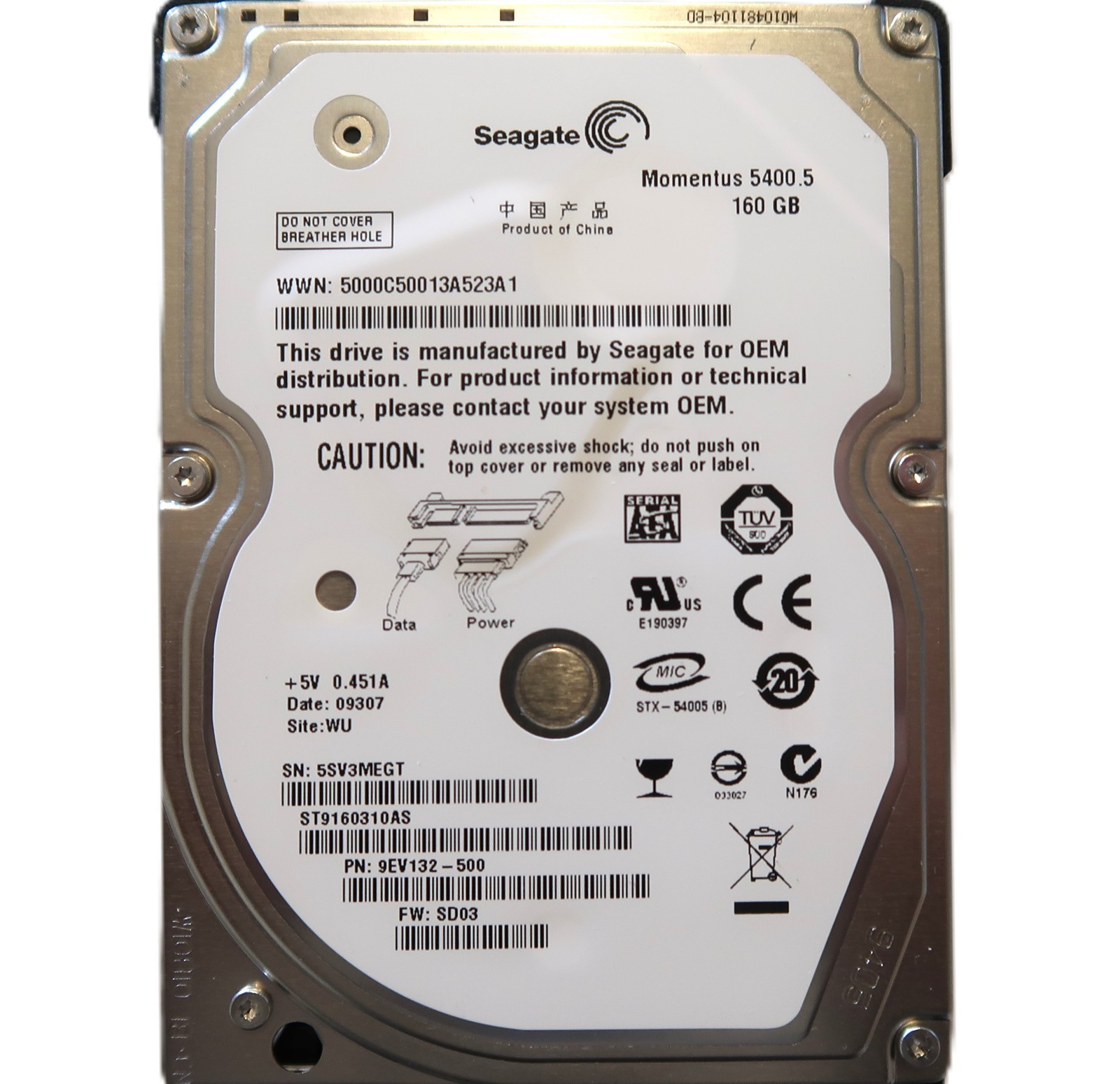 Seagate ST9160310AS 9EV132-500 SD03 (5SV) WU China 2.5" 160gb Sata HDD JAN/2009