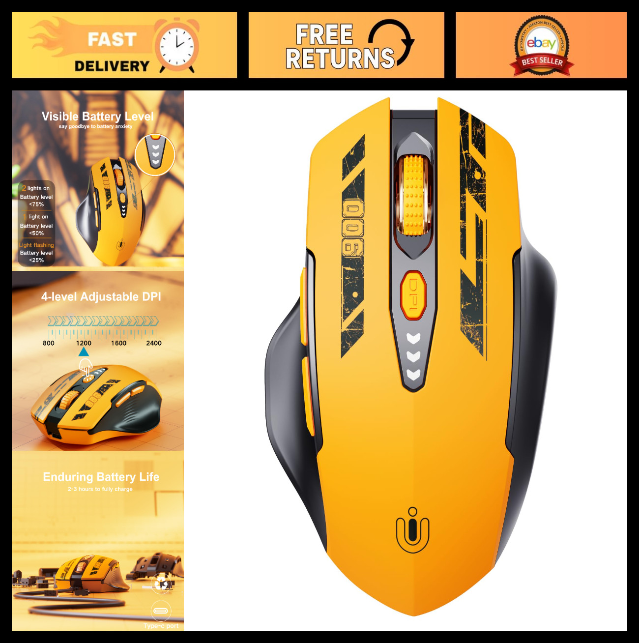 Tri-Mode Wireless Bluetooth Mouse, Rechargeable, Switch Between 3 Devices