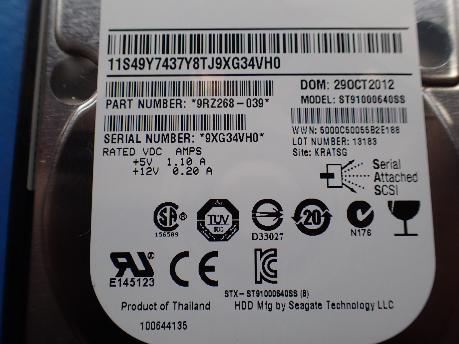IBM 85Y6186 1TB. 2.5",7.2K 6Gb/s SAS.SFF NL Internal Hard Disk Seagate Airwalke