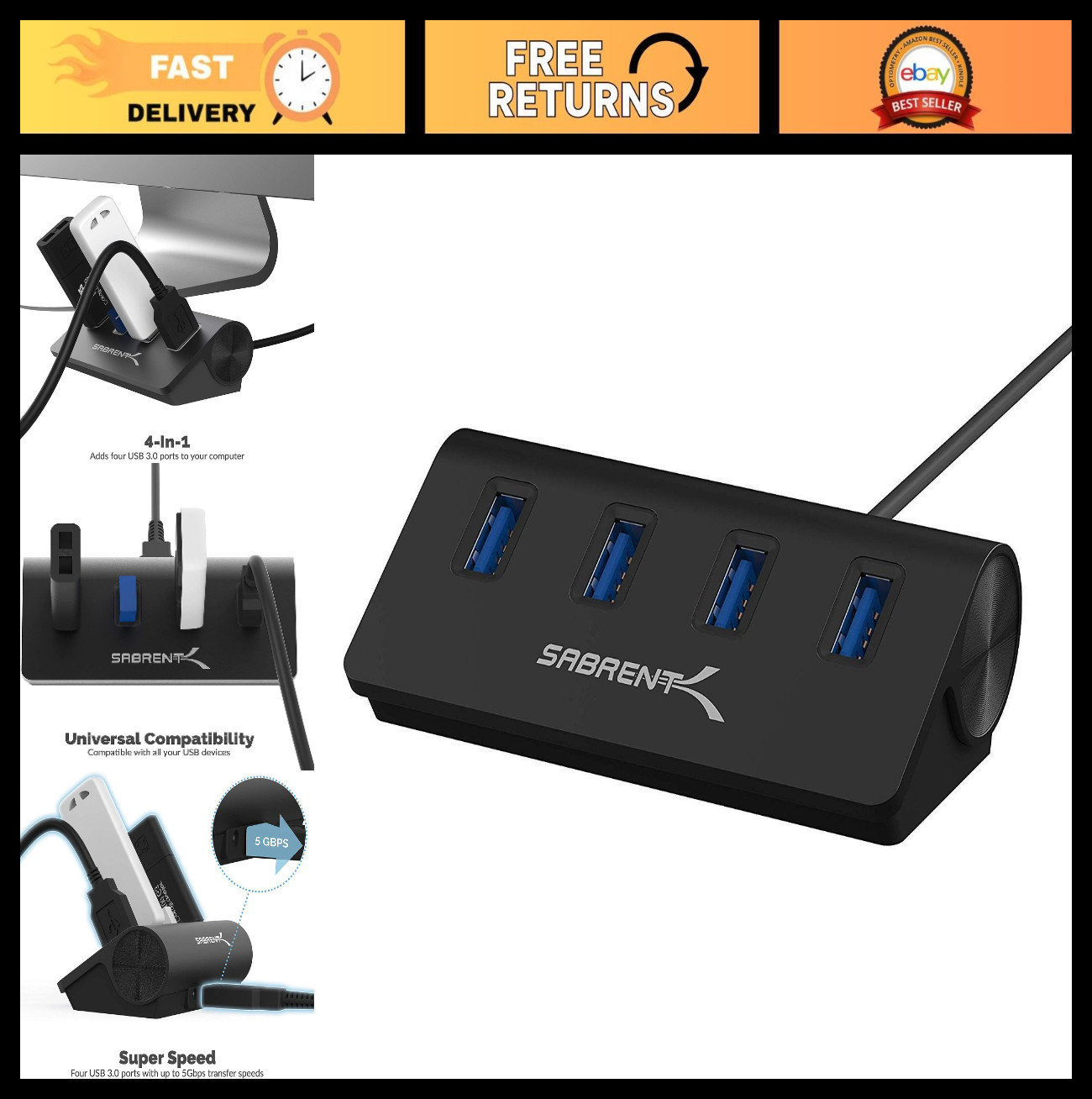 4-Port USB 3.0 Aluminum Hub, Portable Data Hub with 2.5ft Cable for PC & Mac